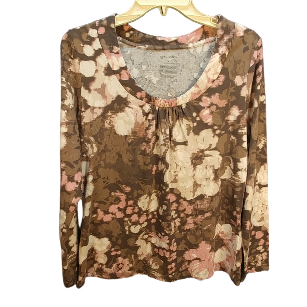St Johns Bay M Brown Floral Long Sleeve Scoop Neck Top NWT Neutral